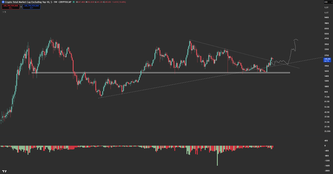 A dark-themed financial candlestick chart titled 'Crypto Total Market Cap Excluding Top 10, 1W' with the ticker 'CRYPTOCAP:TOTALS' is displayed.
