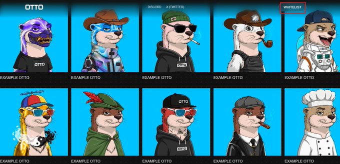 The image showcases a grid of 10 cartoon otter characters labeled "OTTO," each with distinct outfits and accessories like cowboy hats, sunglasses, baseball caps, and a chef's hat, representing the variety in the OTTO NFT collection. The "WAITLIST" tag is highlighted in the top right, aligning with the post about the OTTO waitlist opening on Ethereum for a 10,000 NFT collection, with mint details TBA and a focus on long-term holders.