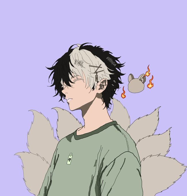 An anime-style illustration shows a character with black and white hair, multiple gray tails, and a small bunny with flames beside them against a lavender background.