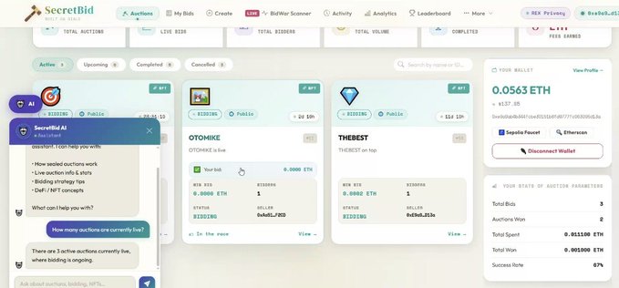 A screenshot of the SecretBid NFT auction platform showing live auctions (OTOMIKE and THEBEST) and an AI chatbot assistant, with wallet balance displayed as 0.0563 ETH.