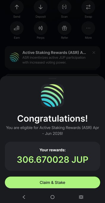 A mobile app showing a 'Congratulations!' message for Active Staking Rewards (ASR) with a reward of 306.670028 JUP and a 'Claim & Stake' button.