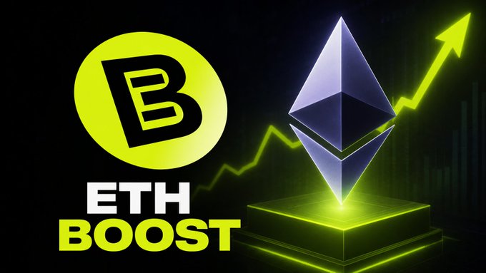 A promotional graphic for the Ethereum token featuring a yellow circular 'B' logo, an Ethereum diamond symbol, and the text 'ETH BOOST' with an upward trending arrow.