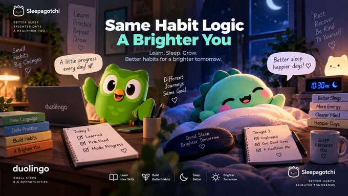 A Duolingo and Sleepagotchi collaboration banner titled 'Same Habit Logic, A Brighter You' featuring the green owl and dinosaur mascot promoting sleep habits and new skills.