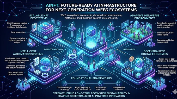 The image features a large blue and purple diagram that illustrates various aspects of AI and its impact on future-ready infrastructure for next-generation Web3 ecosystems. The diagram includes icons representing different elements such as artificial intelligence, decentralized infrastructure, immersive environments, blockchain ownership systems, and more. The text in the image provides context about these elements and their relationship to each other, emphasizing the continuous evolution and interconnectedness of AI technology within the broader ecosystem.

The post also mentions that AINFT is focusing on what is in the image and how it relates to the topic at hand. This suggests that the image serves as a visual representation or explanation of the current state of AI development and its potential impact on future-ready infrastructure for Web3 ecosystems.