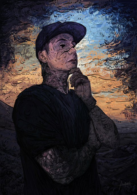 A stylized, painterly illustration of a tattooed man wearing a baseball cap and dark shirt, posed thoughtfully with his hand near his chin against a swirling sky reminiscent of Van Gogh's style.