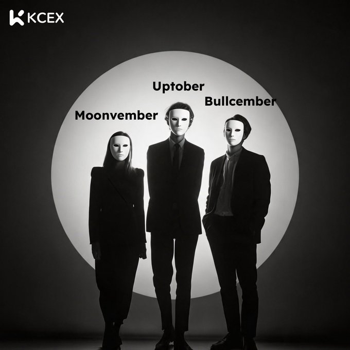 A promotional image from KCEX featuring three figures in dark suits wearing white masks, labeled 'Moonvember', 'Uptober', and 'Bullcember', parodying crypto trading seasons.