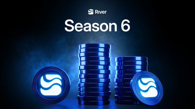 A promotional graphic for 'River' Season 6, featuring stacks of blue River-branded cryptocurrency coins against a dark, smoky background.