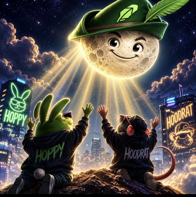 A digital illustration of a smiling moon wearing a green leaf hat, with a green bunny ('HOPPY') and a rat ('HOODRAT') looking up at it against a city skyline at night.