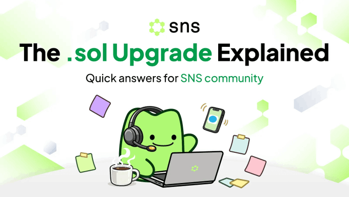 A promotional graphic titled "The .sol Upgrade Explained" by SNS, featuring a green mascot wearing headphones and working on a laptop surrounded by floating phones and folders. The subtitle reads "Quick answers for SNS community," setting up a helpful FAQ-style explanation about how pre-snapshot .sns domains are eligible for the .sol upgrade while post-snapshot registrations are not.