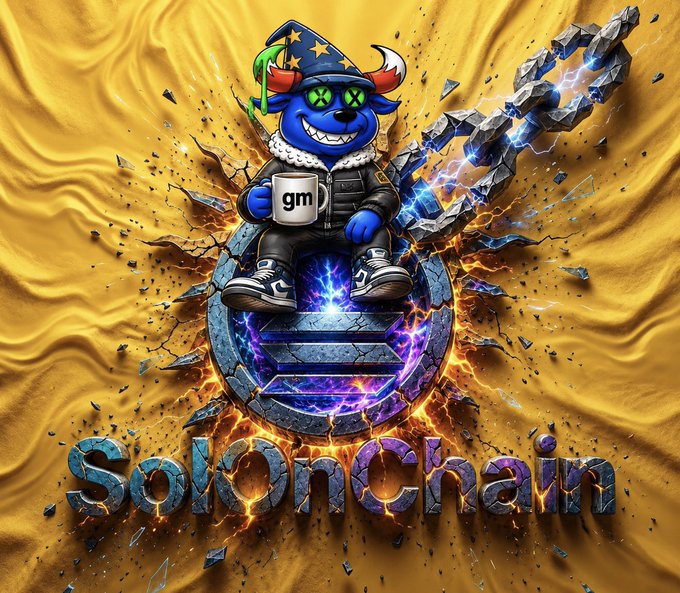 A colorful digital illustration features a blue bull character in a wizard hat sitting on a Solana logo, holding a mug labeled 'gm', with the text 'Solonchain' below.