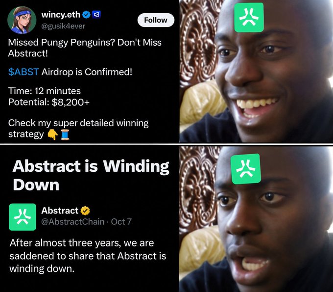 A two-panel meme shows a man reacting with joy and then shock to social media posts about an '$ABST Airdrop' and the news that 'Abstract is Winding Down'.