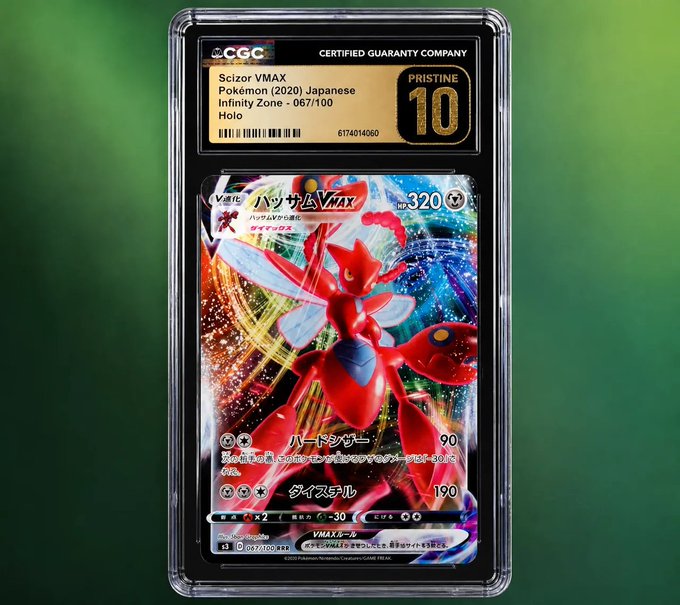 A CGC-graded Pristine 10 Japanese Pokémon card featuring Scizor VMAX (2020) from the Infinity Zone set, labeled as a Holo card.