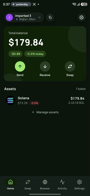 A mobile crypto wallet screenshot shows a total balance of $179.84 with 2.4518 SOL held in Solana, showing a 0.5% daily decline.