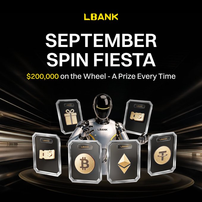 A promotional graphic for "LBANK" titled "SEPTEMBER SPIN FIESTA" offering $200,000 in prizes, featuring a robot holding cryptocurrency and cash icons.