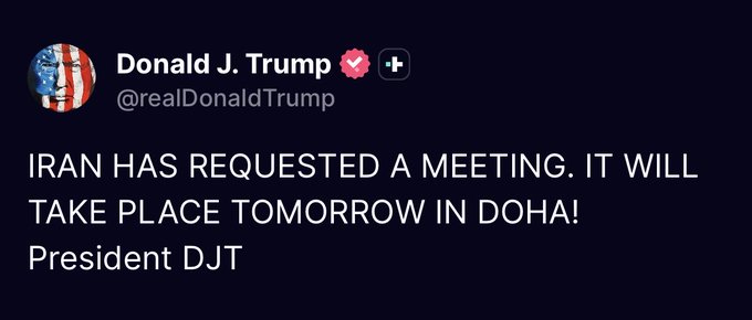 A Truth Social post from Donald J. Trump (@realDonaldTrump) reads: "IRAN HAS REQUESTED A MEETING. IT WILL TAKE PLACE TOMORROW IN DOHA! President DJT." The image of this sudden geopolitical announcement relates to the post's question about market manipulation, as surprise news of an Iran meeting in Doha would likely cause abrupt swings in oil prices and broader markets, fueling suspicions of deliberate timing or insider trading.
