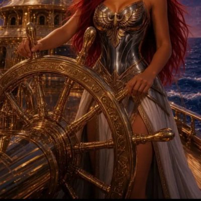 A fantasy illustration of a red-haired woman in metallic armor steering a large ornate golden ship's wheel.