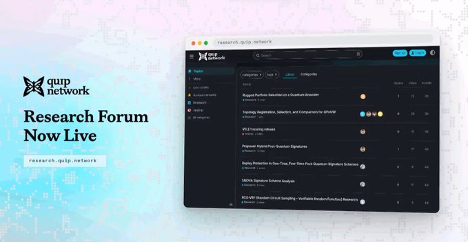 A promotional graphic for 'qup network' announcing a 'Research Forum Now Live' at research.quip.network, displaying a preview of their dark-themed forum interface with categories and topic listings.