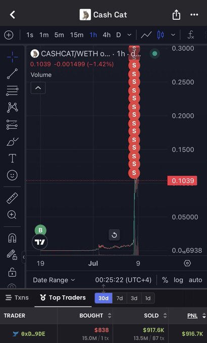 The image shows a TradingView chart of CASHCAT/WETH on a 1-hour timeframe, with the price currently at 0.1039 (down 1.42%), featuring a vertical column of sell (S) markers along a steep price spike. Below the chart, a "Top Traders" panel displays a trader (0xD…9DE) who bought $838 and sold $917.6K for a realized profit of $916.7K, with 13.5M tokens still held—visually confirming the post's claim of a roughly $916K profit from an $838 investment.