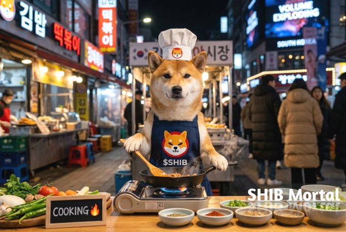 A Shiba Inu dog wearing a chef's hat and a "$SHIB" apron stir-fries a steaming pan at a bustling South Korean street market, with neon signage and a "COOKING" sign completing the scene. The image playfully visualizes the post's theme of Shiba Inu's sudden "cooking" momentum, tying the literal cooking action to South Korea's exploding trading volume and the meme-driven rally.