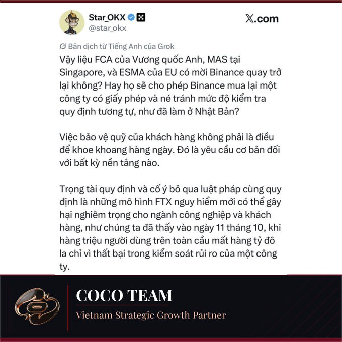 Vietnamese-language tweet by Star_OKX (@star_okx) translated by Grok discussing whether UK FCA, Singapore MAS, and EU ESMA regulators will allow Binance to return, referencing FTX's October 11 collapse as a warning, with COCO TEAM (Vietnam Strategic Growth Partner) branding at the bottom.