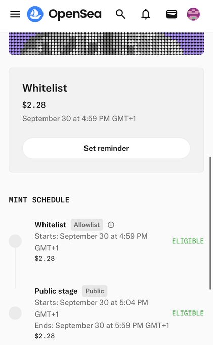 A screenshot of the OpenSea app displaying a "Whitelist" NFT mint for $2.28 starting September 30 at 4:59 PM GMT+1, alongside a mint schedule showing a public stage.