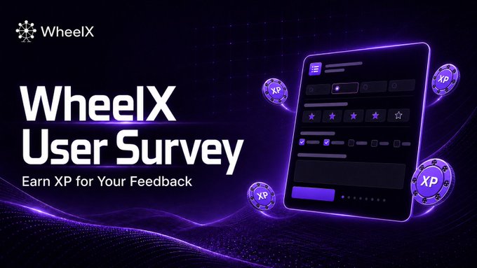 Promotional banner for a 'WheelX User Survey' offering XP for feedback, showing a stylized mobile survey interface with XP tokens on a purple background.
