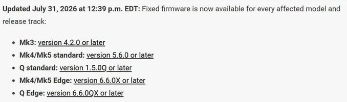 A text snippet dated July 31, 2026, listing firmware update versions for various device models, including Mk3 (version 4.2.0 or later), Mk4/Mk5 standard (version 5.6.0 or later), and Q Edge (version 6.6.00X or later).