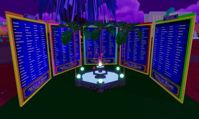 The image shows a virtual "Wall of Fame" display in Decentraland, featuring multiple large blue plaques with "Wall of Fame" branding that list 429 DCL-owned names, set around a central illuminated pedestal with a trophy-like figure, with category headers including "APRIL 2023" visible at the top of each board.