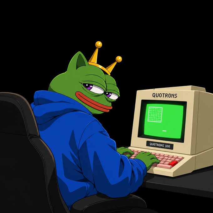 Cartoon illustration of a green Pepe-style frog character wearing a gold crown and blue hoodie, typing on a vintage computer labeled 'QUOTRONS 100' with a green screen displaying a grid.