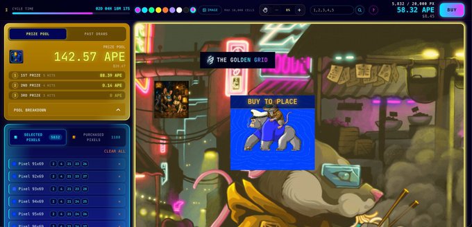 A digital game interface for 'THE GOLDEN GRID' with a prize pool of 142.57 APE, showing pool breakdown and a cartoon gorilla image labeled 'BUY TO PLACE'.