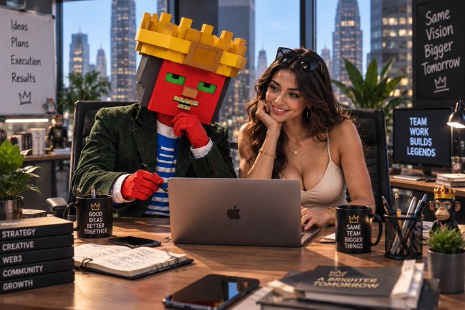 A digital rendering of a man wearing a green jacket, striped shirt, and a red boxy robot mask with a yellow crown, sitting at a desk with a laptop next to a smiling woman; surrounding elements include books labeled 'STRATEGY', 'CREATIVE', 'WEB3', 'COMMUNITY', 'GROWTH', 'A BRIGHTER TOMORROW', and signs reading 'Ideas Plans Execution Results', 'Same Vision Bigger Tomorrow', and 'TEAM WORK BUILDS LEGENDS'.