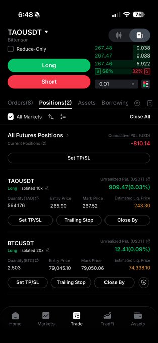 A crypto trading app screenshot showing a TAOUSDT long position with 564.176 TAO at an entry price of 265.90, currently showing an unrealized P&L of $909.47 (6.03%), alongside a smaller BTCUSDT long position up $12.41. The "Cumulative P&L" displays -$810.14, reflecting a recently opened $150K trade on $TAO that is already showing a $900 gain as mentioned in the post.