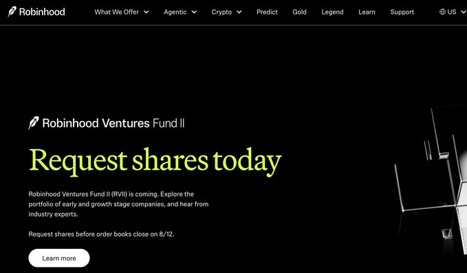A screenshot of the Robinhood website promoting "Robinhood Ventures Fund II" with large yellow text saying "Request shares today" and a deadline of 8/12.
