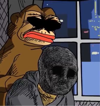 Digital illustration combining the Pepe the Frog meme character wearing sunglasses with a figure wearing a black ski mask, set against a windowed nighttime background.