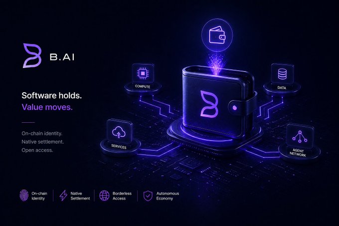 A promotional graphic for B.AI featuring a digital wallet illustration connected to Compute, Data, Services, and Agent Network nodes, with the tagline "Software holds. Value moves."