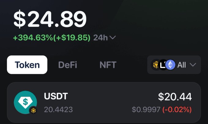 A cryptocurrency app screenshot showing a price of $24.89 with a 24-hour gain of +394.63% (+$19.85), with USDT listed at $20.44.