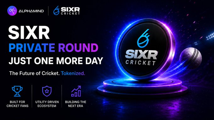 SIXR Cricket promotional banner for a 'PRIVATE ROUND - JUST ONE MORE DAY' through Alphamind, showing a cricket ball and branded token coin.