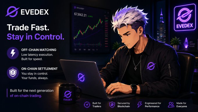 A promotional graphic for EVEDEX featuring an anime-style trader at a laptop, highlighting the platform's dual features: "Off-Chain Matching" with low latency execution for speed, and "On-Chain Settlement" so users stay in control of their funds. A BTC chart displays the price "67,842.21," reinforcing the post's theme of combining fast trade execution with user custody and control.