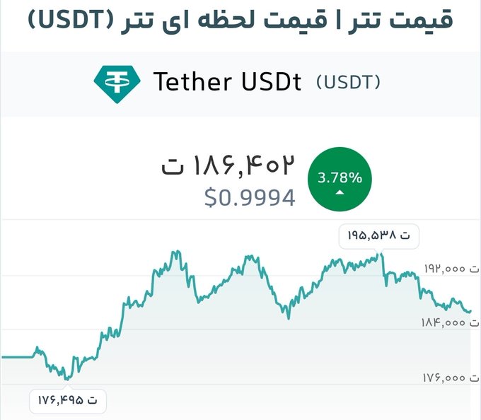 The image displays a Tether (USDT) price chart showing the current price at 186,402 tomans ($0.9994) with a 3.78% increase, illustrating the volatile fluctuations described in the post—reaching a high of 195,538 tomans after touching lows of 176,000 tomans, with the graph's zigzag pattern visually confirming the "EKG strip" analogy of USDT's price swings between 185,000 and 195,000 tomans.