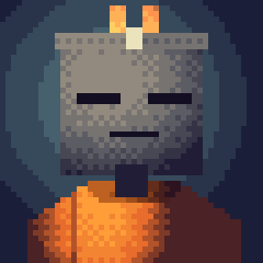 A pixel art character with a gray helmet/headpiece and orange body with a simple smiling face against a dark background.