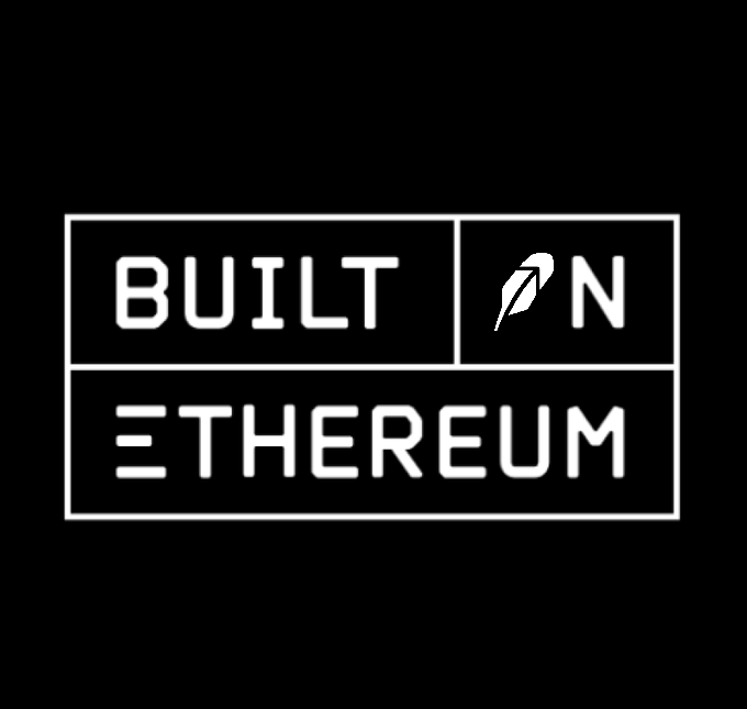 A black background with the text 'BUILT ON ETHEREUM' in white block letters, featuring a stylized feather quill.