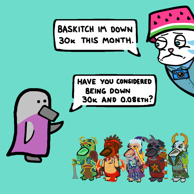 A cartoon meme shows a character with a watermelon hat saying 'BASKITCH IM DOWN 30K THIS MONTH' and another character responding 'HAVE YOU CONSIDERED BEING DOWN 30K AND 0.08ETH?' with a group of rock-themed characters below.
