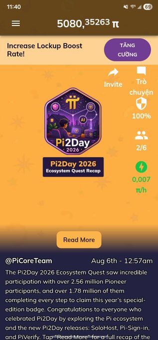 A mobile app screenshot displays a Pi cryptocurrency interface with a balance of 5,080.35263 π, showing a 'Pi2Day 2026 Ecosystem Quest Recap' badge with text describing 2.56 million participants.