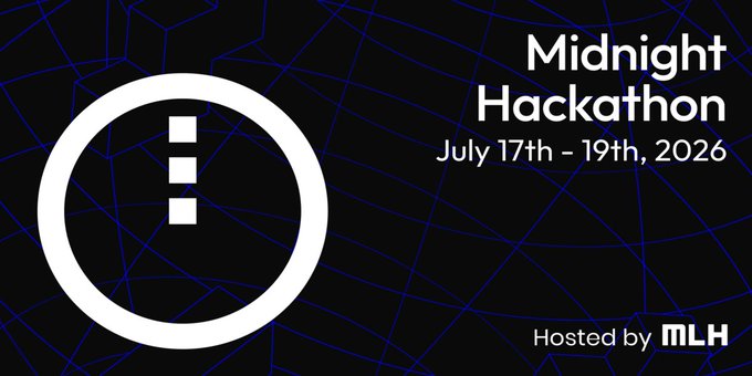 A promotional graphic for 'Midnight Hackathon' on July 17th - 19th, 2026, hosted by MLH, featuring a stylized exclamation mark logo on a dark blue background.
