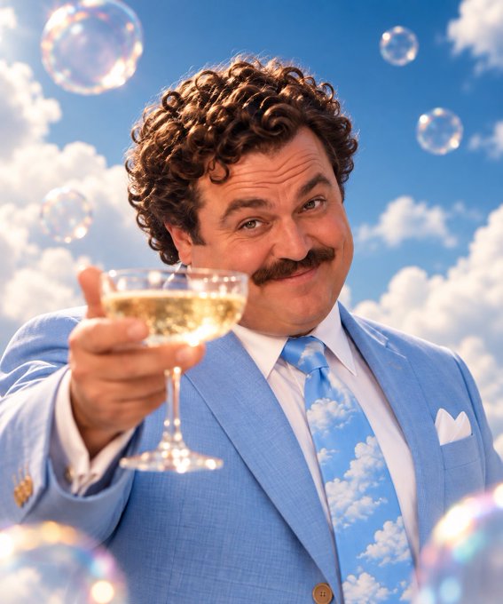 A surreal image of a man with curly hair and a mustache wearing a light blue suit jacket with a cloud-patterned tie, holding up a champagne coupe against a blue sky background filled with floating bubbles.