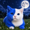 A small digital artwork showing two cats—one blue and one white—snuggled together on grass under a full moon at night.