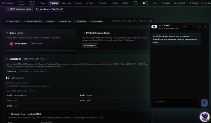 Screenshot of a Claude Code interface (CLAWD) on a crypto wallet page showing a 'CLAWD is online' message, navigating wallet, bridge, and ClawdCode tools for Robinhood Chain.