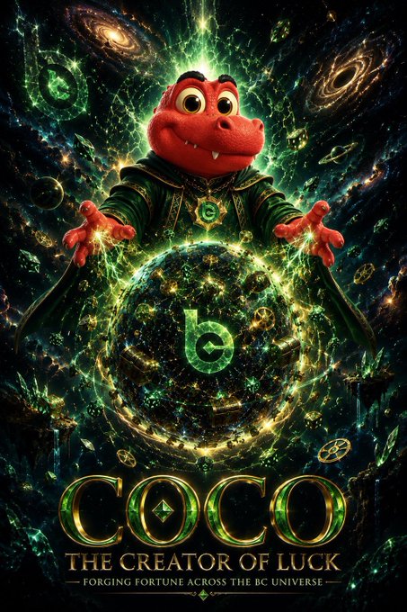 A fantasy-style poster showing a red dragon-like character with glowing green eyes holding a swirling green orb containing a 'b' symbol, with the text 'COCO THE CREATOR OF LUCK - FORGING FORTUNE ACROSS THE BC UNIVERSE'.