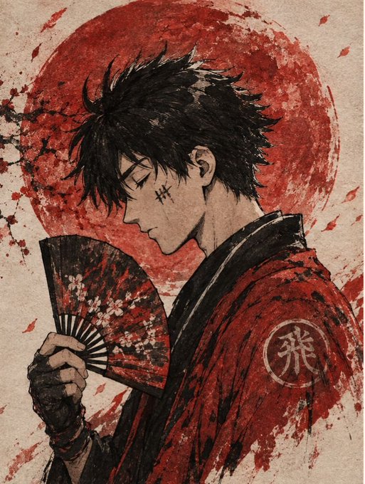 Stylized red-and-black anime artwork depicts a scar-faced young warrior holding a folding fan, with a large red circle in the background.