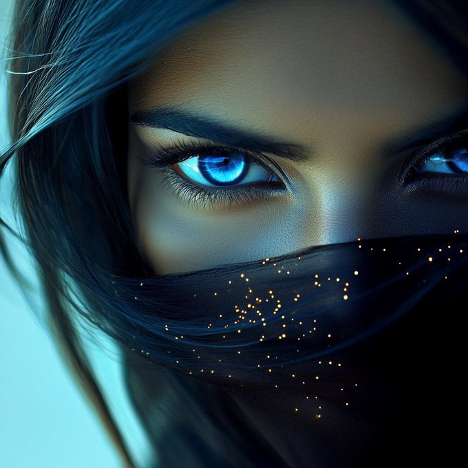 A close-up digital artwork shows a person's striking bright blue eyes peering out from above a dark, glittering veil or scarf.